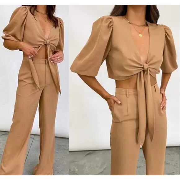 Pretty Lavish Jamie Crop Tie Knot Blouse & Wide Leg Trouser Pants Set Tan US 4 - Picture 1 of 15